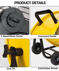 Close-up of 24 Inch High Velocity Industrial Drum Fan features: 3-speed motor switch, convenient handle, easy tilt, and solid rubber wheels.