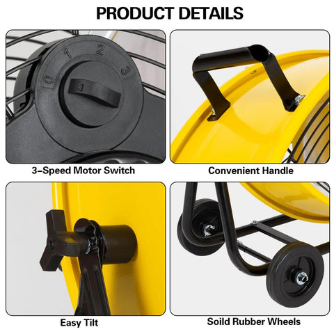 Close-up of 24 Inch High Velocity Industrial Drum Fan features: 3-speed motor switch, convenient handle, easy tilt, and solid rubber wheels.