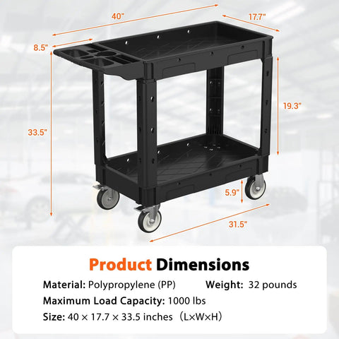 Beefy Rolling Storage Cart 40 By 17 Inches With 1000 Lb Capacity, Workhorse Utility Cart Made From Industrial Grade Polypropylene, Rustproof, Waterproof, Corrosion Resistant For Indoor Or Outdoor Use, black