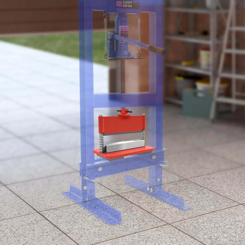 12 Inch Press Brake Attachment For 12 To 20 Ton Hydraulic Shop Presses Heavy Duty Metal Bending Tool shown installed and in use