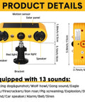Diagram of Solar Outdoor Motion Sensor Alarm Kit, 129dB Loud Noise Maker With Strobe Light, 13 Sound Detector, 4 Modes, dimensions shown.