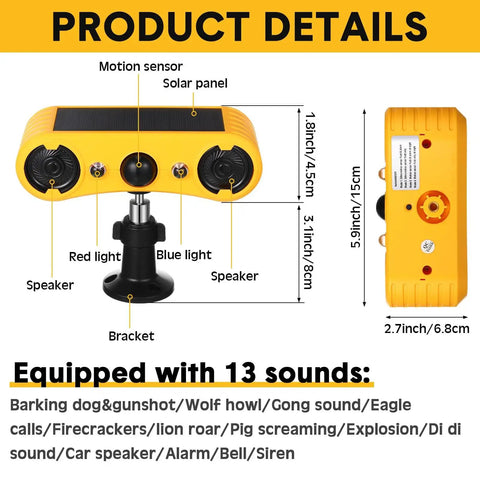 Diagram of Solar Outdoor Motion Sensor Alarm Kit, 129dB Loud Noise Maker With Strobe Light, 13 Sound Detector, 4 Modes, dimensions shown.