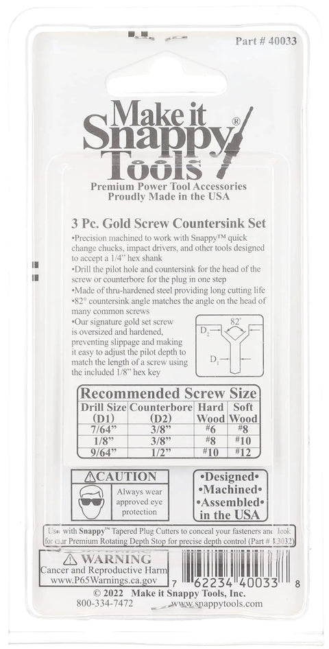 Back packaging of Quick-Change 3-Piece Countersink Drill Bit Set For One-Step Drilling, Pilot Hole, Countersinking And Counterboring For Screws In Sizes 8, 10, And 12, No Fuss, Pro Ready, Made In The USA