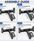 Assembly guide for Heavy Duty Adjustable Headboard Brackets For Metal Bed Frame showing four setup steps with detailed instructions.