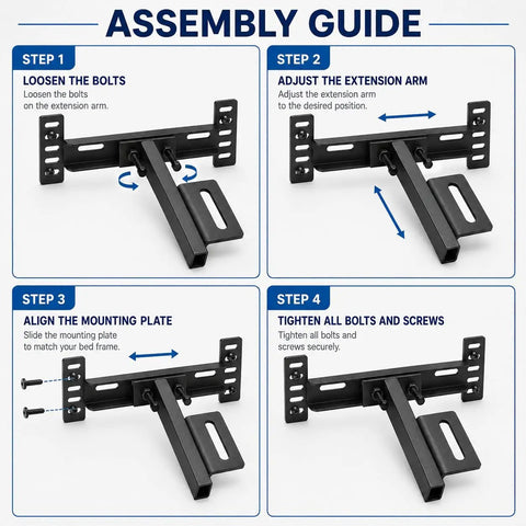 Assembly guide for Heavy Duty Adjustable Headboard Brackets For Metal Bed Frame showing four setup steps with detailed instructions.