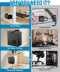 Infographic comparing Built Tough Under Desk Pc Mount Clamp On Computer Tower Case Holder benefits vs drilling needs.