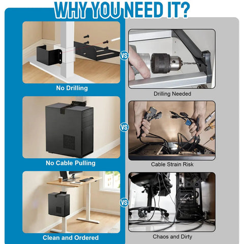 Infographic comparing Built Tough Under Desk Pc Mount Clamp On Computer Tower Case Holder benefits vs drilling needs.