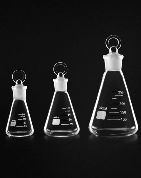 Durable Borosilicate 3.3 Glass Erlenmeyer Flask Set With Three Sizes 50ml 100ml 250ml Graduated Conical Flasks With Glass Stopper