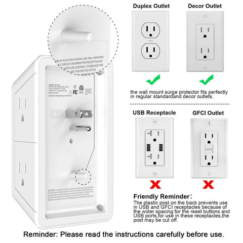 Diagram showing back view of 5 Outlet Extender With Four USB Ports And One USB C Port, 3 Sided 1680 Joules Surge Protector Power Strip.