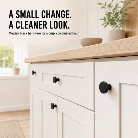 Rock Solid Matte Black Cabinet Knobs 20 Pack Round Zinc Alloy Drawer Handles Single Hole Mount Snug Threaded Grip Heavy Duty Kitchen Cupboard Pulls Perfect Room Refresh, close-up on modern black knobs on white cabinet.