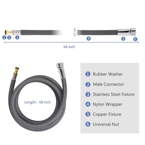 Pulldown Faucet Hose Replacement Kit Model 150259, 68-inch, shown coiled with brass connectors and nylon wrapper.