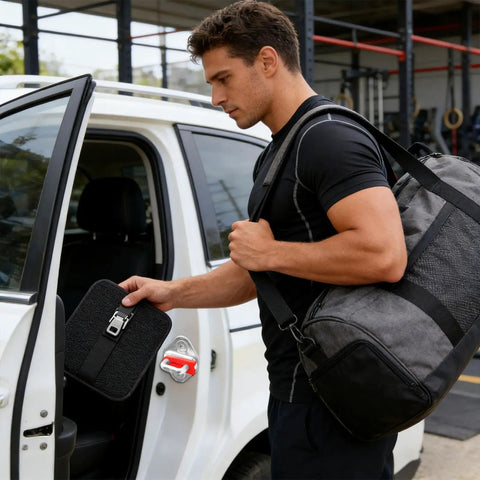 Man using Set Of Four Silicone Auto Door Dampers Knock Out Heavy Slam Noise And Vibes With Grippy Hold For Trucks Suvs Vans And Rv Vehicles To Deliver A Totally Slick Quiet Close Every Drive in a vehicle.
