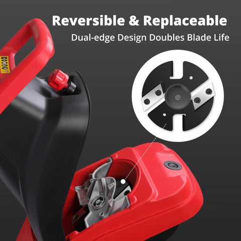 Close-up of Powerful 15 Amp Electric Wood Chipper Shredder With 4200 RPM showing reversible blade and design details.