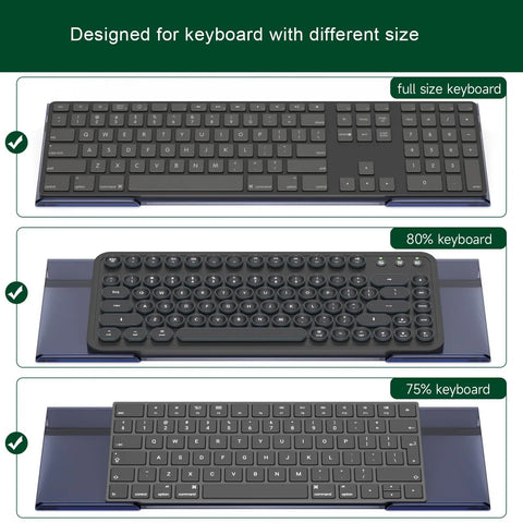 Ergonomic Acrylic Keyboard Stand for Desktop fits full size, 80%, and 75% keyboards, shown with different keyboard sizes.