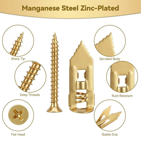 Close-up of manganese steel zinc-plated self drilling drywall anchors with screws kit 100 pieces including 50 sheetrock anchors and 50 screws no pre drilling required three size options quick hammer in installation for wall decor shelves and picture hanging, highlighting sharp tip, serrated body, and flat head.