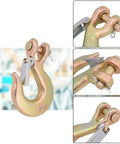 Ten Pack Five Sixteenth Inch Forged Steel Clevis Slip Hooks With Safety Latch For Towing And Winch Heavy Duty G70 Clevis Grab Hooks Two Ton Capacity Opening Approximately Zero Point Seven Inches Corrosion Resistant, showing front and side views of hook design