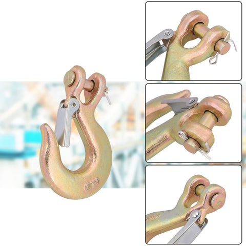 Ten Pack Five Sixteenth Inch Forged Steel Clevis Slip Hooks With Safety Latch For Towing And Winch Heavy Duty G70 Clevis Grab Hooks Two Ton Capacity Opening Approximately Zero Point Seven Inches Corrosion Resistant, showing front and side views of hook design