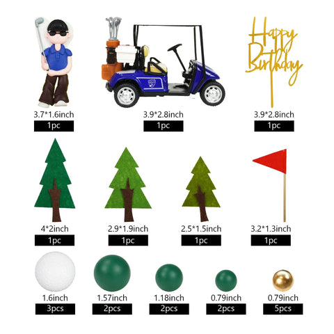 Badass Golf Cake Toppers With Golf Cart And Clay Figurine Dope Golfer Birthday Party Supplies including molded golfer, trees, balls.