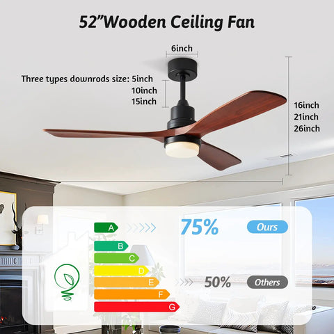 52 Inch Ceiling Fan With Lights Remote Control Wood Finish Quiet Reversible DC Motor Sleep Timer 6 Speeds Energy Efficient