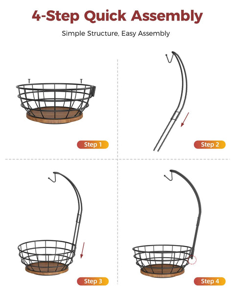 4-step assembly guide for Smooth Spinning 360 Degree Rotating Fruit Bowl With Hefty Capacity Deep Basket And Solid Banana Stand.