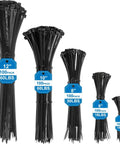 Assorted Black Zip Ties Kit With Five Sizes 4, 6, 8, 10, 12 Inches, 100 Pieces Each Size, 500 Pack For Electronics Cabling, DIY Projects, And Workshop Organization in PA66 material displayed