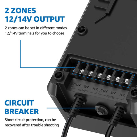 Close-up of the Dual Output 300W Low Voltage Landscape Transformer With Timer And Photocell Sensor showing terminal outputs and circuit breaker