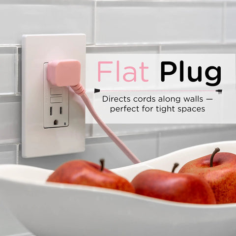 Braided Fabric 3 Outlet Extension Cord With 8 Foot Cable Flat Low Profile 2 Prong Plug in wall socket near apples