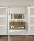 Built Tough Double Barn Doors Set 48 By 96 Inches With Clear Glass Three Lite Panels Matte White Finish in room view