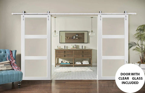 Built Tough Double Barn Doors Set 48 By 96 Inches With Clear Glass Three Lite Panels Matte White Finish in room view