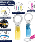 No Sweat Heavy Duty Heat Shrink Wire Connector Assortment Kit Featuring 295 Pieces Of Color Coded Ring Butt Male Female And Fork Terminals showcasing various connectors with clear gauge markings.