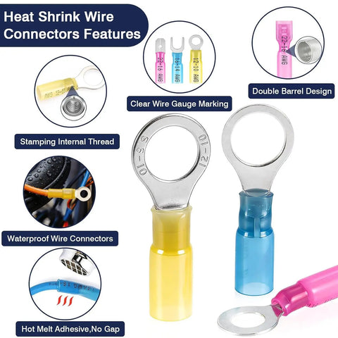 No Sweat Heavy Duty Heat Shrink Wire Connector Assortment Kit Featuring 295 Pieces Of Color Coded Ring Butt Male Female And Fork Terminals showcasing various connectors with clear gauge markings.