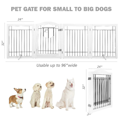 Ultra Wide 96 Inch Dog Gate With Walk Through Door, freestanding white wire pet gate with lockable door for dogs in various sizes