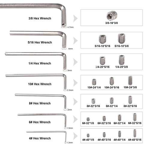 Assortment of hex wrenches and screws from 50 Piece Set Stainless Steel SAE Hex Socket Screws Grub Screws Cup Point Internal Hex Drive 3/8-16 X 3/8 Assortment Kit Built For Tough Jobs In Shop Or Garage Corrosion Resistant Burr Free Durable Hardware showing various sizes and measurements
