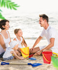 Family enjoys 12 Piece Kids Beach Toy Set With Colorful Buckets Shovels Rakes Forks Trowels And Wooden Handle Garden Tools
