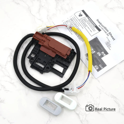 Heavy Duty Washing Machine Lid Lock Switch And Wiring Harness Kit For Straight Up Solid Replacement, includes wiring harness and instruction sheet.