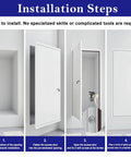 Installation steps for Top Tier Lockable Metal Access Door 36x38 Inches, showcasing fitting process in wall.