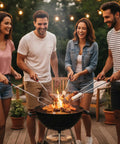 All In One Campfire Gear Set With A 32 Inch Roasting Stick, 25 Inch Fireplace Tong, And Six Fire Pit Sticks used by people for outdoor cooking