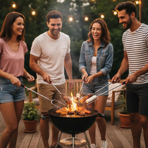 All In One Campfire Gear Set With A 32 Inch Roasting Stick, 25 Inch Fireplace Tong, And Six Fire Pit Sticks used by people for outdoor cooking