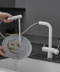 3-Way Kitchen Faucet with Pull-Down Hose Ch h Rotating Design Water Filter for Drinking Modern Sink Mixer in use, washing a plate.