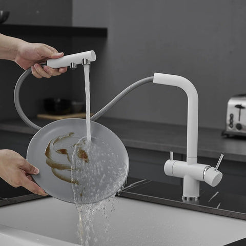 3-Way Kitchen Faucet with Pull-Down Hose Ch h Rotating Design Water Filter for Drinking Modern Sink Mixer in use, washing a plate.