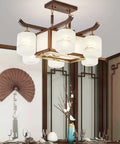 Straight Up Smooth Rectangular Wooden Pendant Light With Black Walnut Finish Hangin Easy In Any Living Space Or Cafe Delivering Top Tier Ambient Vibes And Energy Smart 90W Ceiling Lamp For Bars And Dining Rooms in dining area with glass shades.