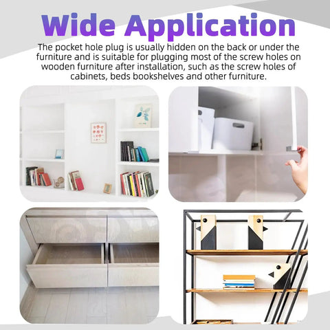 Wide application of 360 Piece Pocket Hole Plug Kit With Screws, 7mm Plastic Plugs in 8 colors for cabinets and shelving.