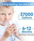 Child drinking water, highlighting 37000 gallons and 6-12 months service life of 1 Micron 20 Inch Whole House CTO Carbon Sediment Filter Cartridge.