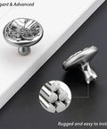 Silver flower shaped cabinet knobs in brushed satin nickel, side view with detail, from 8 Pack for drawers, dressers, and closets.