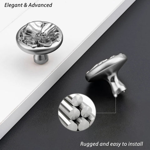 Silver flower shaped cabinet knobs in brushed satin nickel, side view with detail, from 8 Pack for drawers, dressers, and closets.