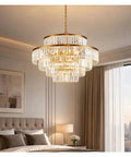 Luxury Gold K9 Crystal Chandelier Modern LED Pendant Light Energy Saving Lamp in elegant bedroom setting.