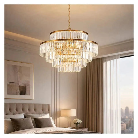 Luxury Gold K9 Crystal Chandelier Modern LED Pendant Light Energy Saving Lamp in elegant bedroom setting.