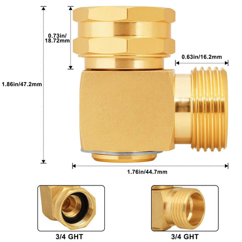 90 Degree Garden Hose Swivel Elbow Connector Three Quarter Inch GHT Brass Elbow Durable Fitting For Easy Leak Proof Watering With Included Washers Sealing Tape And Sealing Rings, 3/4 GHT brass