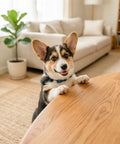 A happy Corgi puppy standing on a wooden table in a cozy living room with natural light and plants.