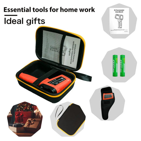 Non Contact Infrared Thermometer Gun With 50 To 1 Distance To Spot, 13 Laser Points, case, manual, batteries, protective bag.